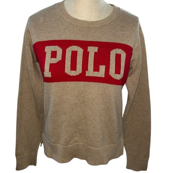 Khaki red POLO intarsia knit cotton crew neck sweater S - Picture 1 of 4